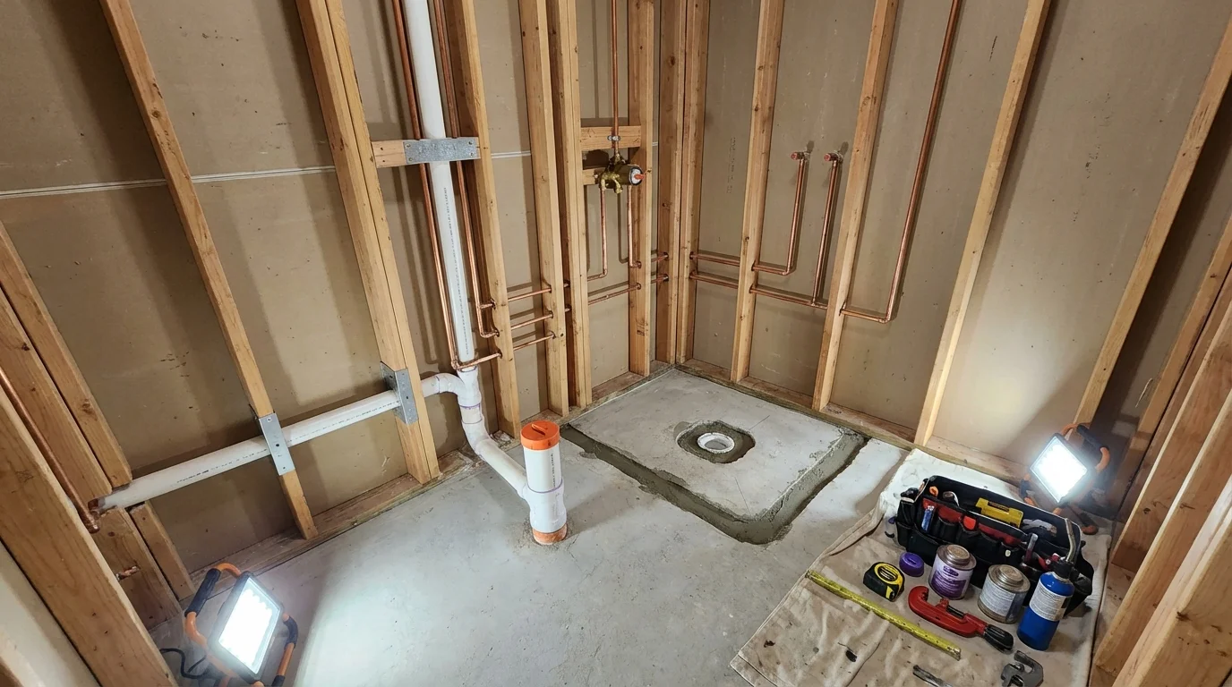 Bathroom rough-in plumbing during remodel by Johns Plumbing LLC in Lawrenceburg