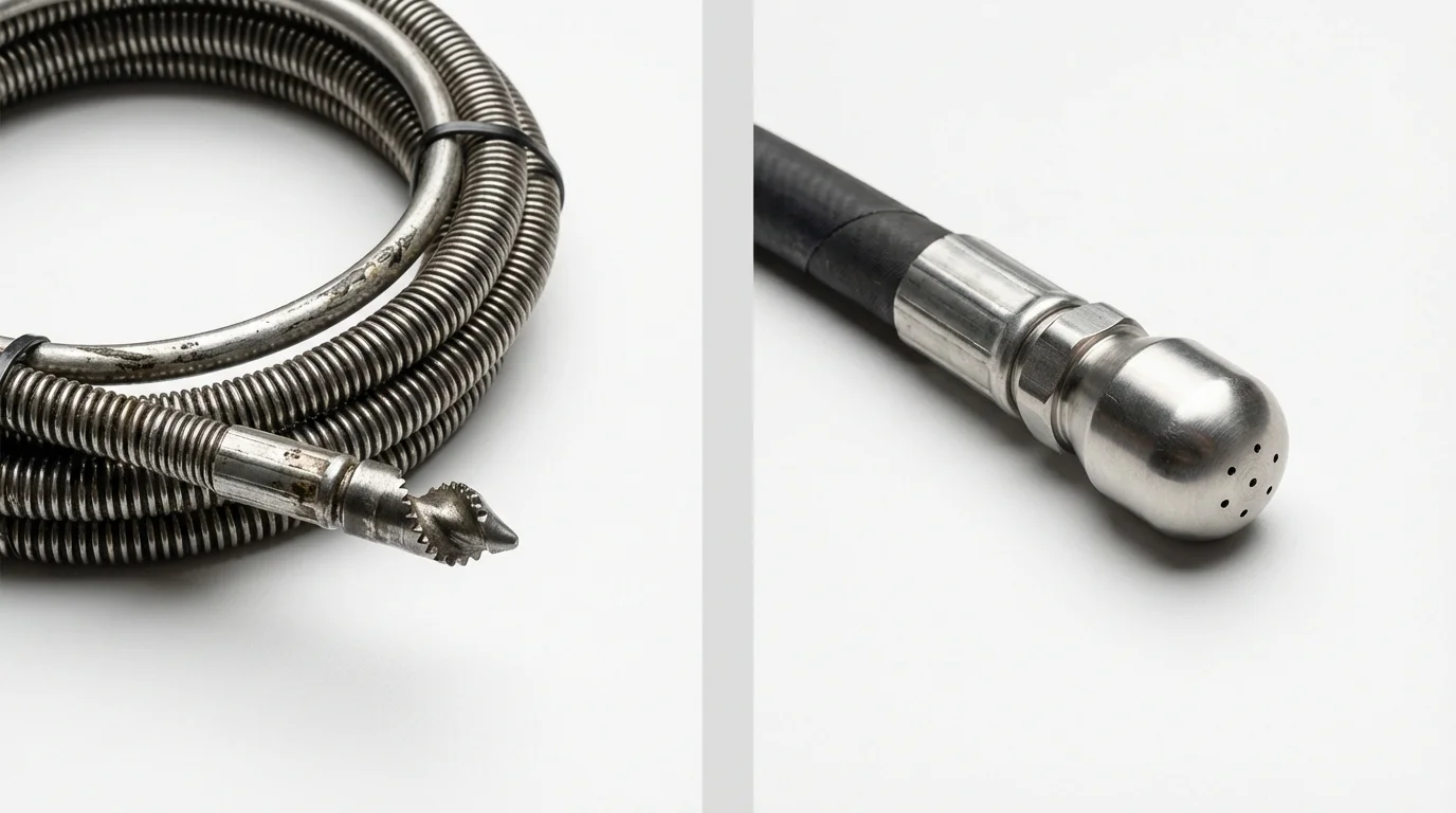 Drain snake cable and hydro jetting nozzle used for drain cleaning in Lawrenceburg, IN