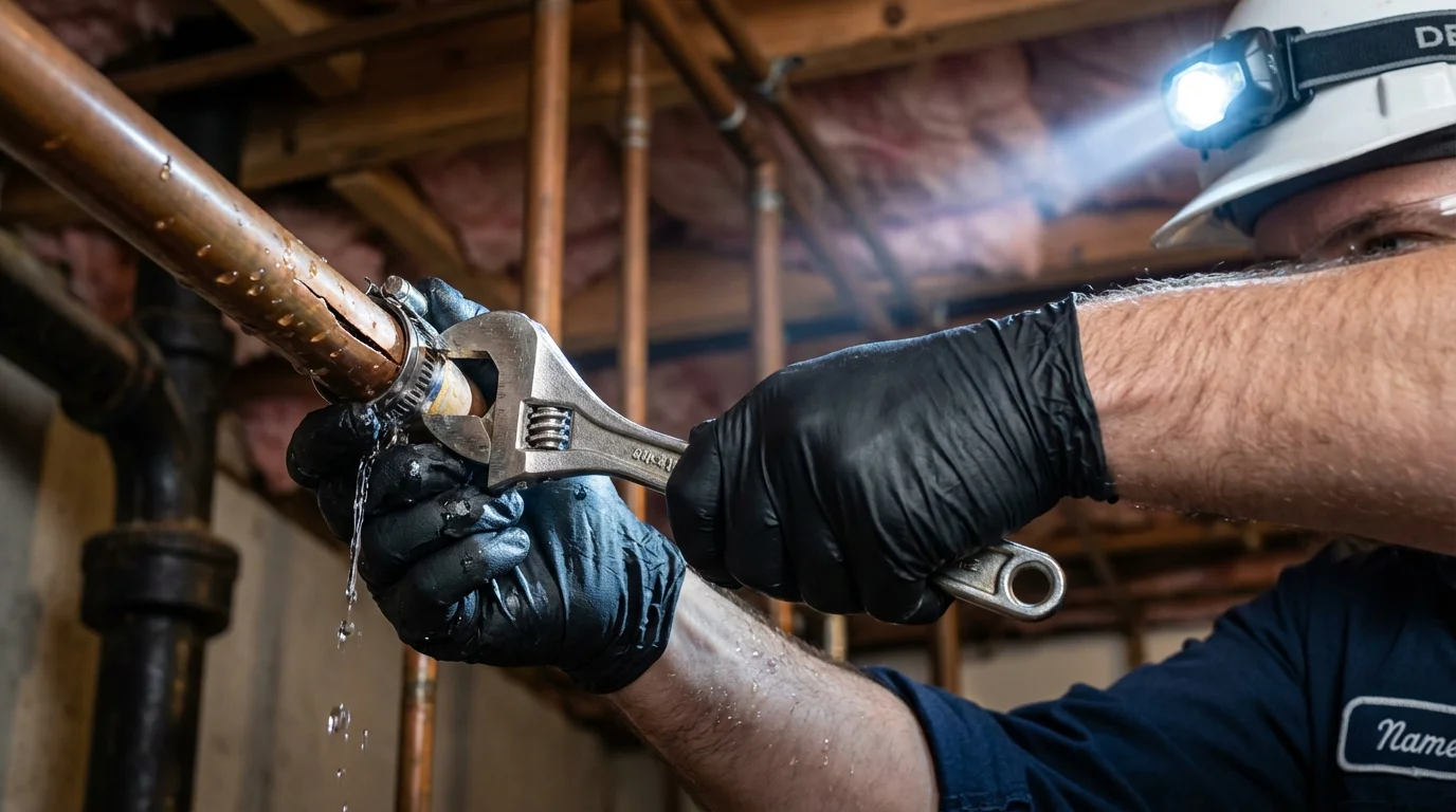 Emergency pipe clamp repair being performed by a Johns Plumbing LLC plumber in Lawrenceburg