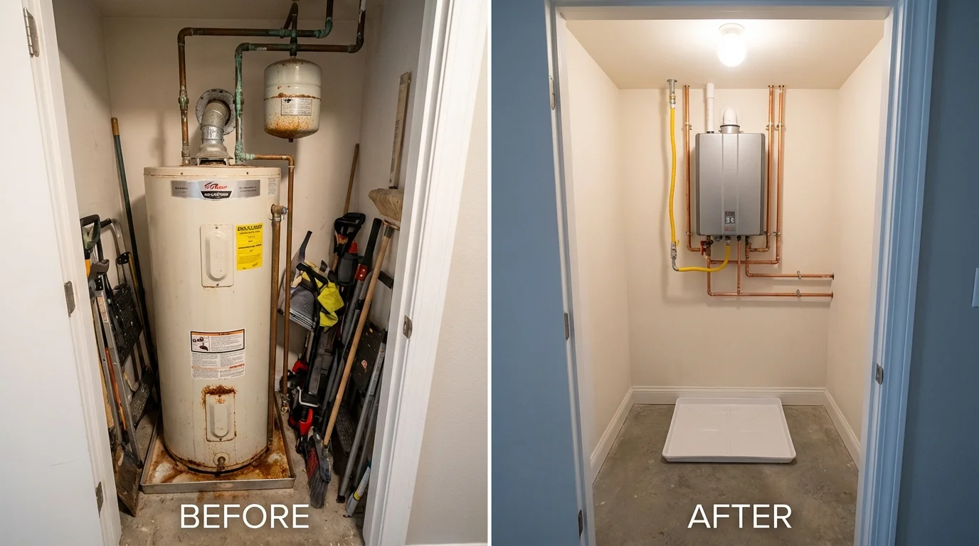 Tank water heater versus wall-mounted tankless unit comparison for Lawrenceburg, IN homeowners
