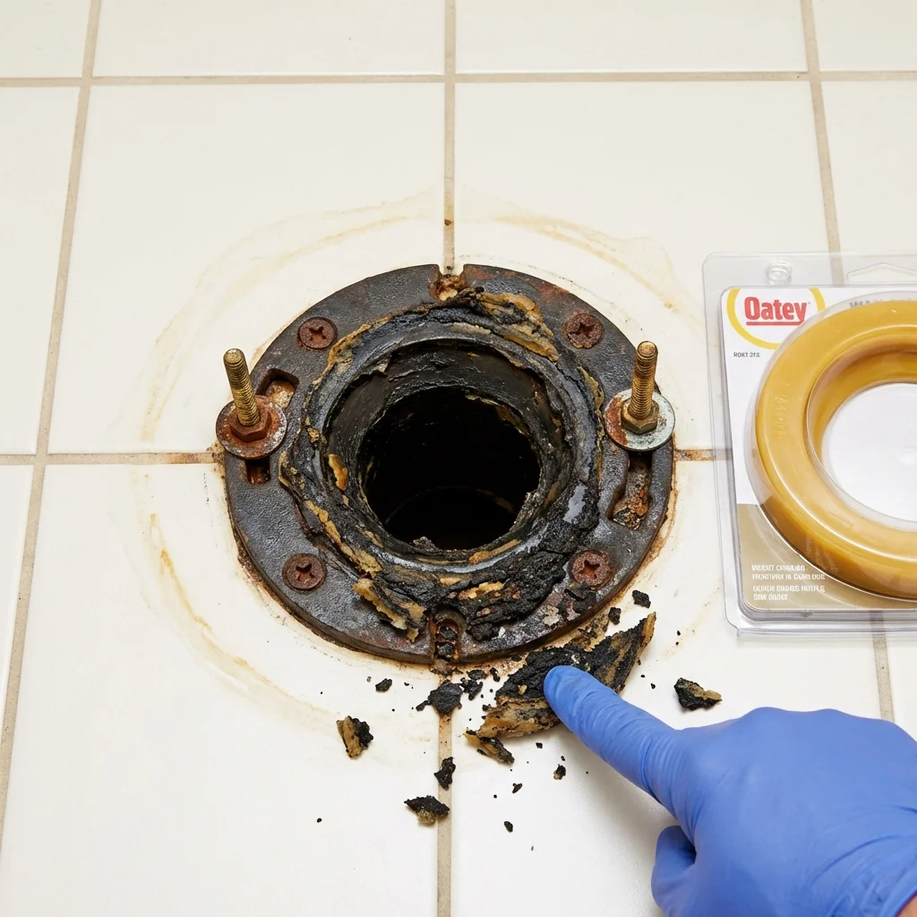 Failed wax ring showing water seepage at the base of a toilet in a Lawrenceburg, IN home