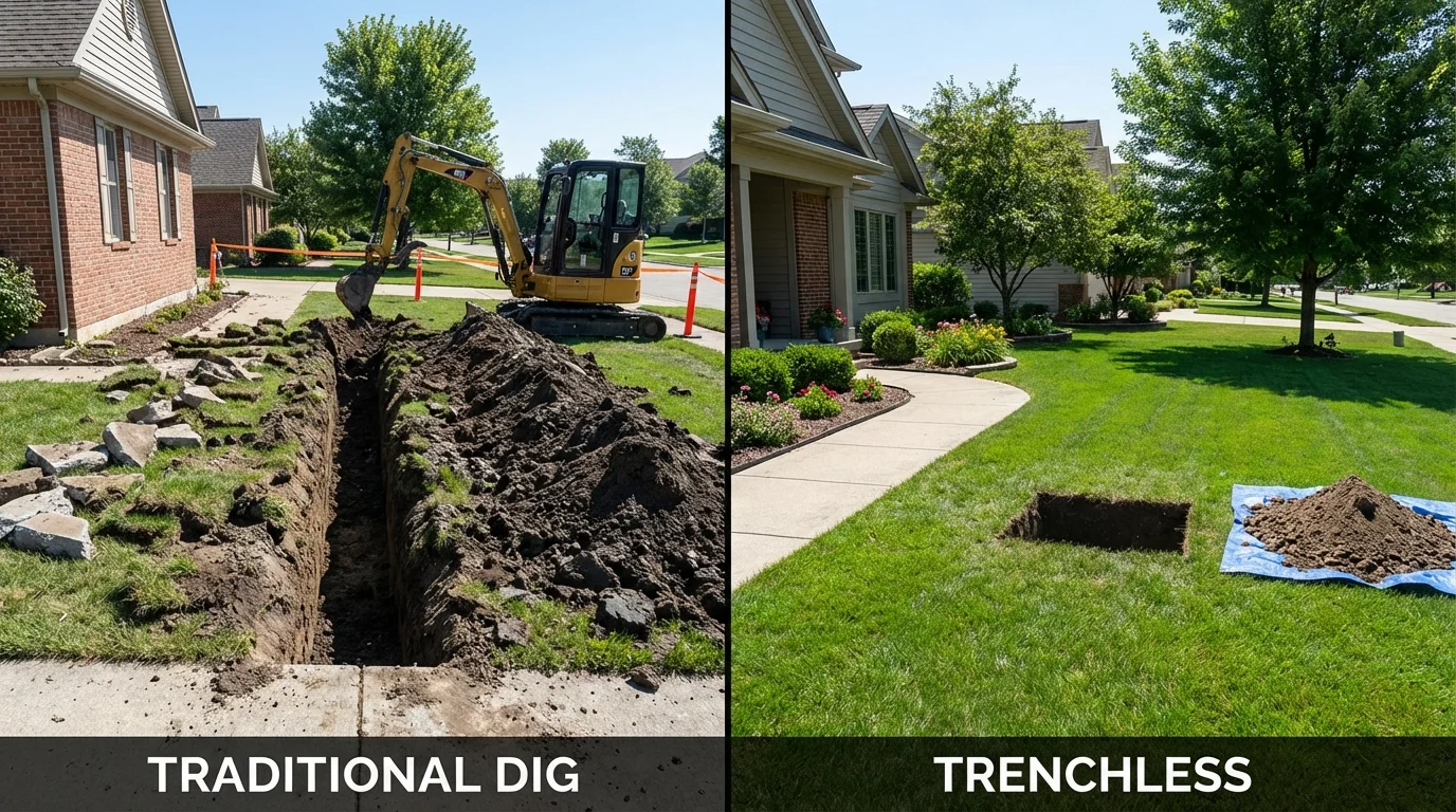 Trenchless sewer repair with minimal yard damage versus traditional excavation in Lawrenceburg, IN