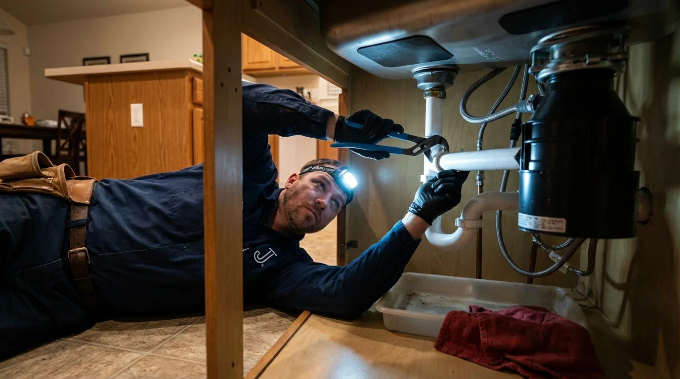 P-trap and supply line connections under a kitchen sink showing a common leak point in Lawrenceburg, IN